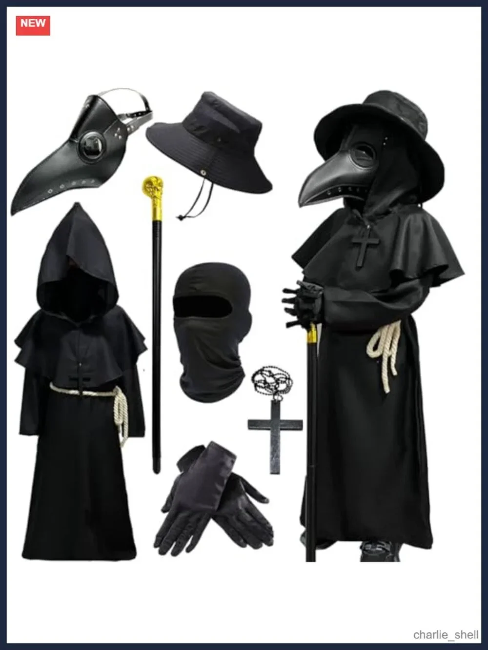 Kids Plague Doctor Halloween Costume 7-Pc Set PU Leather Robe Mask